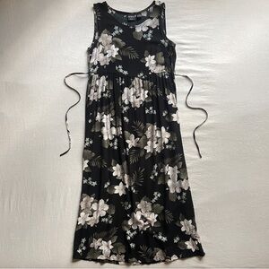 90s Erika Vintage Black Midi Tropical Floral Dress Tie Back Small